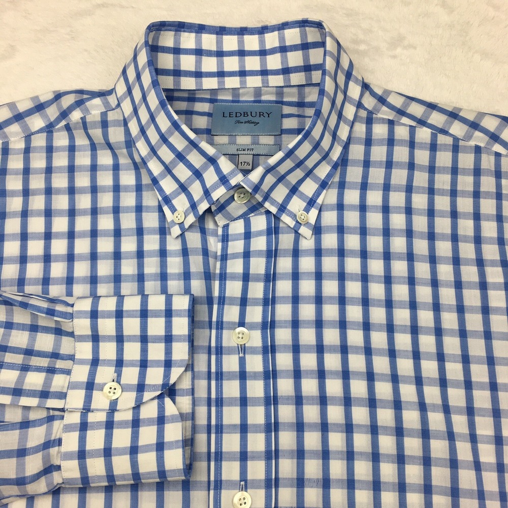 Ledbury Shirt Mens‎ 17.5 Blue/White Checks Slim Fit Cotton/Linen Blend